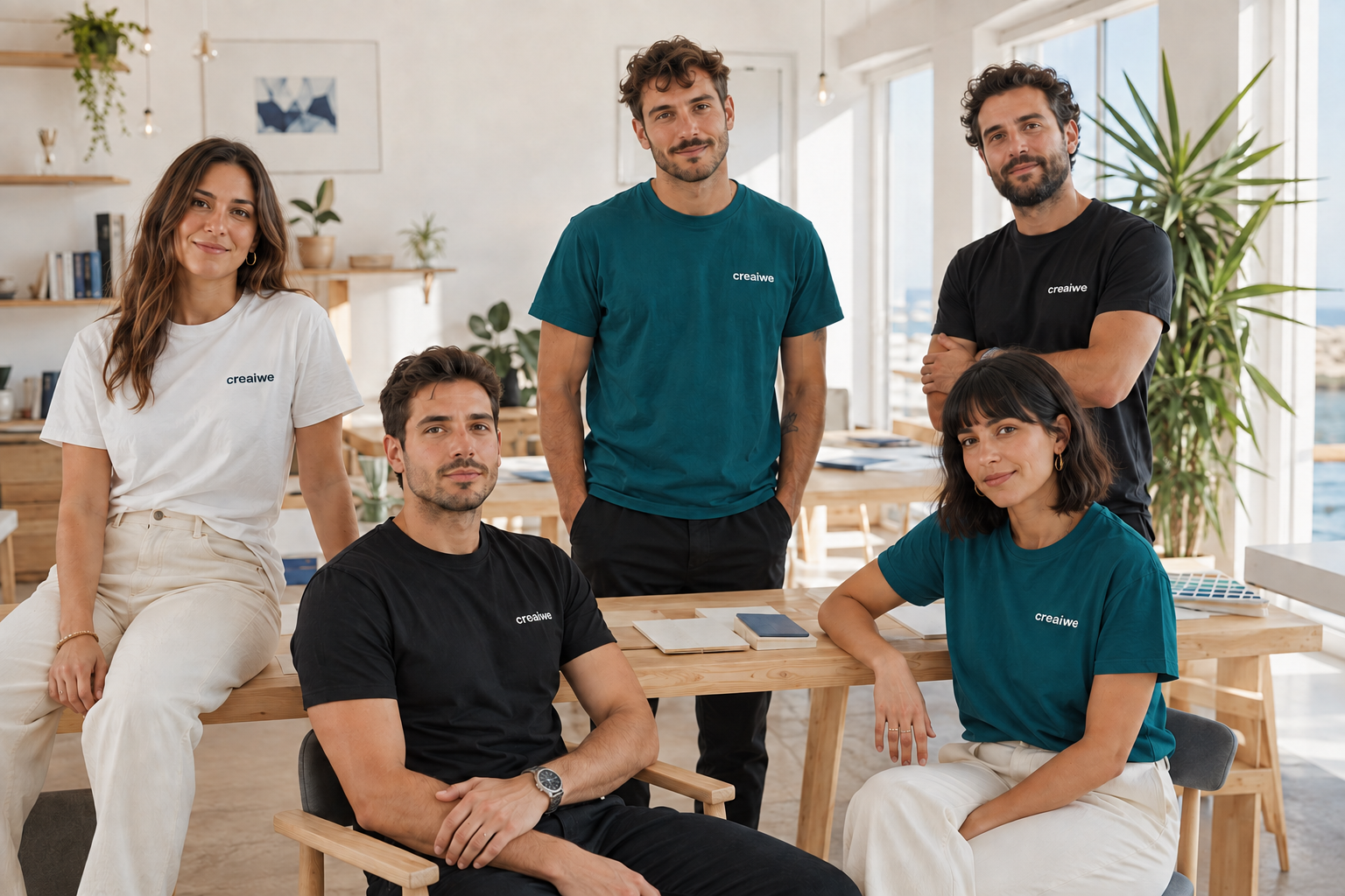 Equipo de diseño trabajando alrededor de una mesa en la oficina